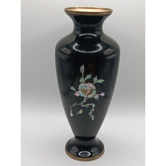 Vtg Asian Japanese Baluster Vase Black Lacquer & Mother of Pearl Floral Inlay 8" - Picture 1 of 10